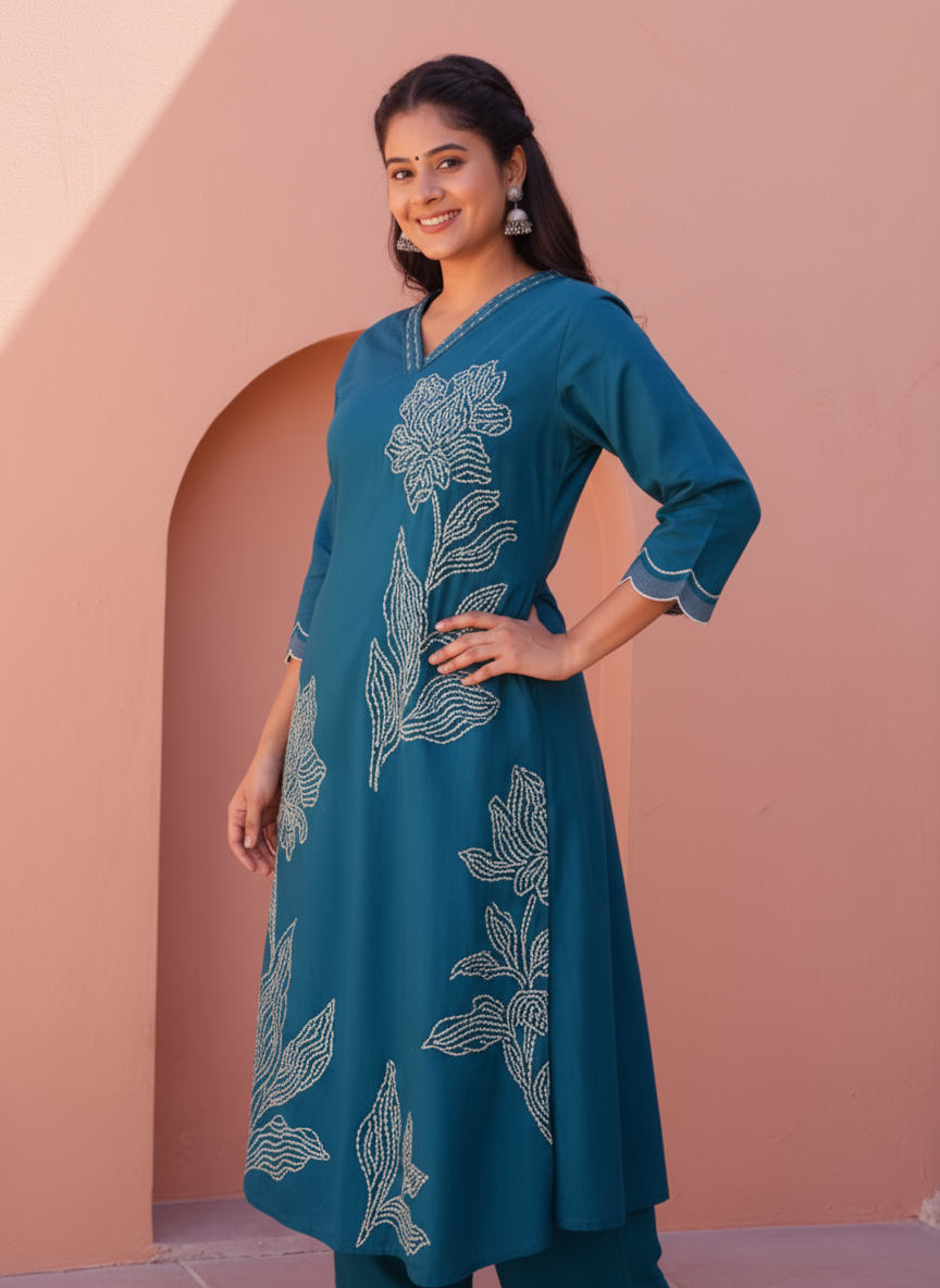 Embroidered Roman silk Placement Print A-line Teal Kurta