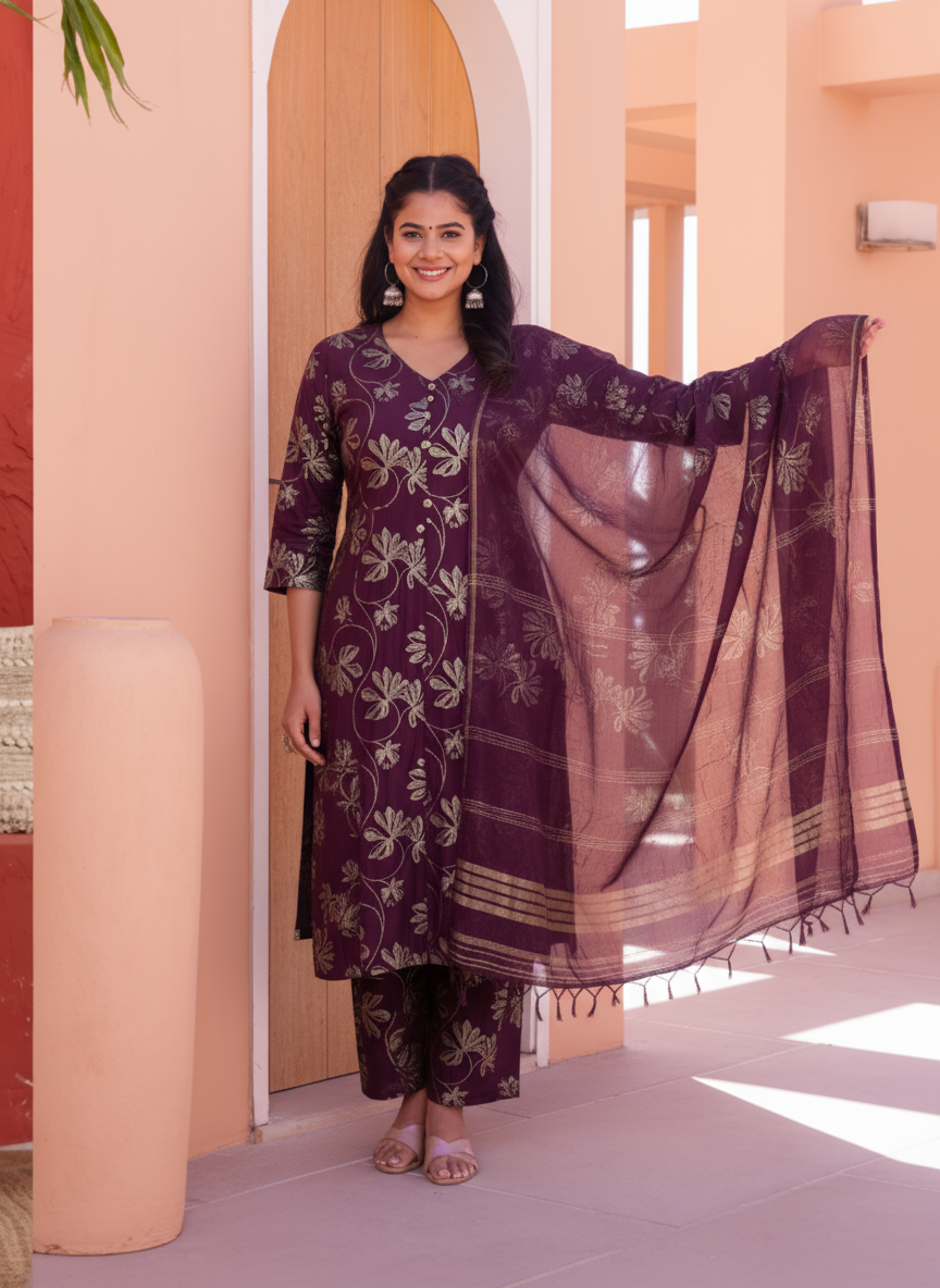 Chanderi Gold foil Flared Purple Kurta