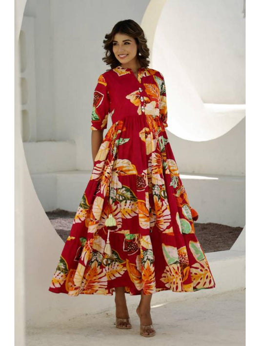 Women Printed Cotton Long Maxi Dress - Red