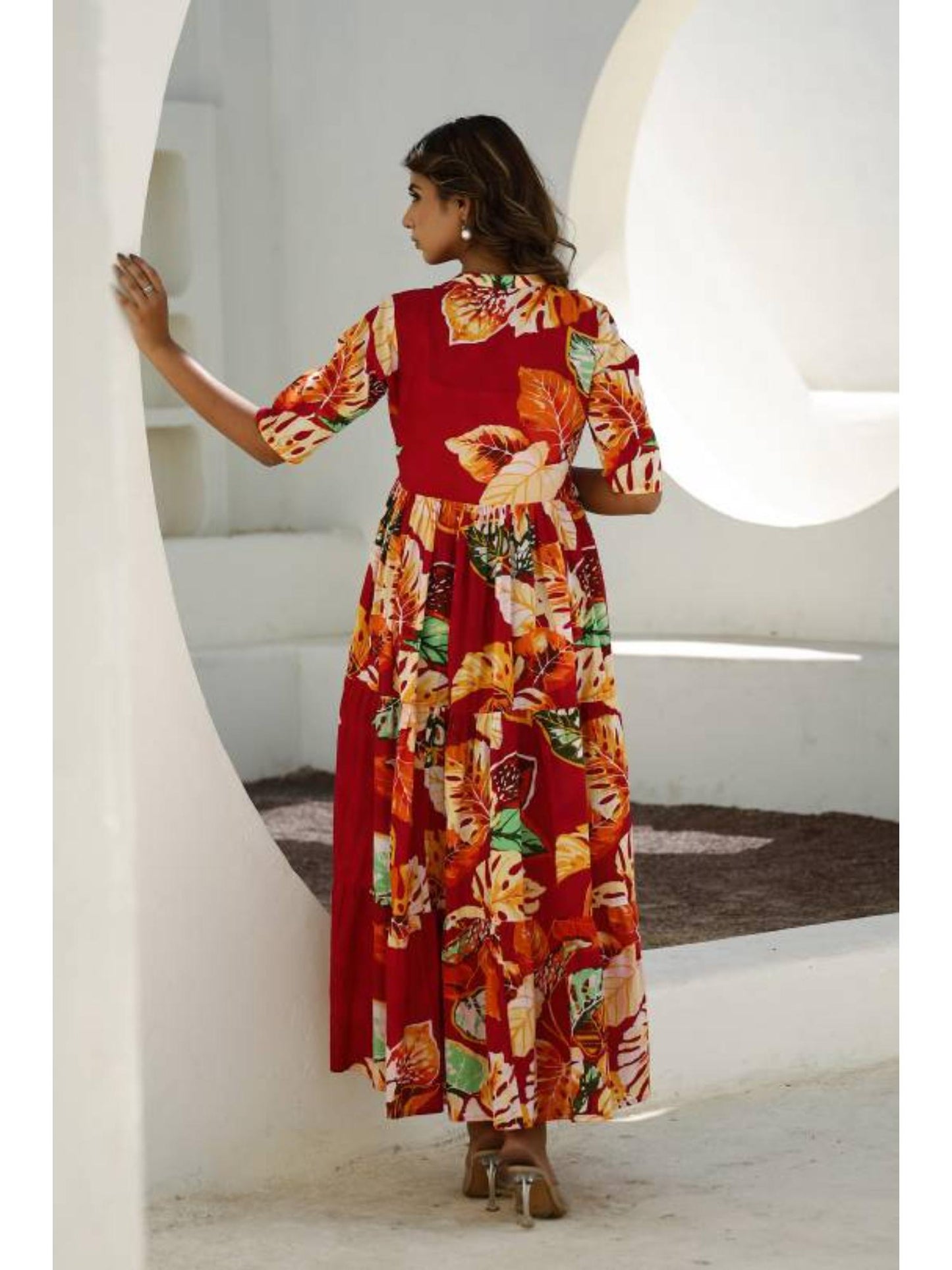 Women Printed Cotton Long Maxi Dress - Red