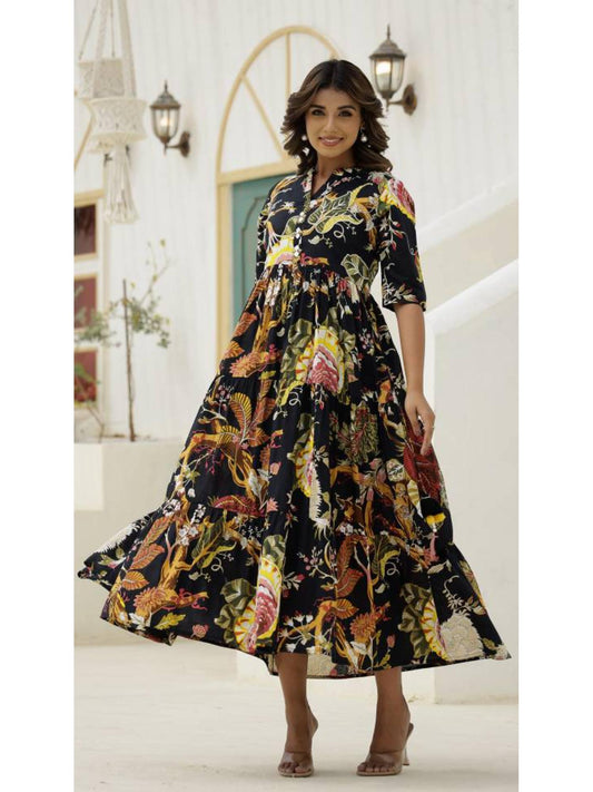 Women Printed Cotton Long Maxi Dress - Black