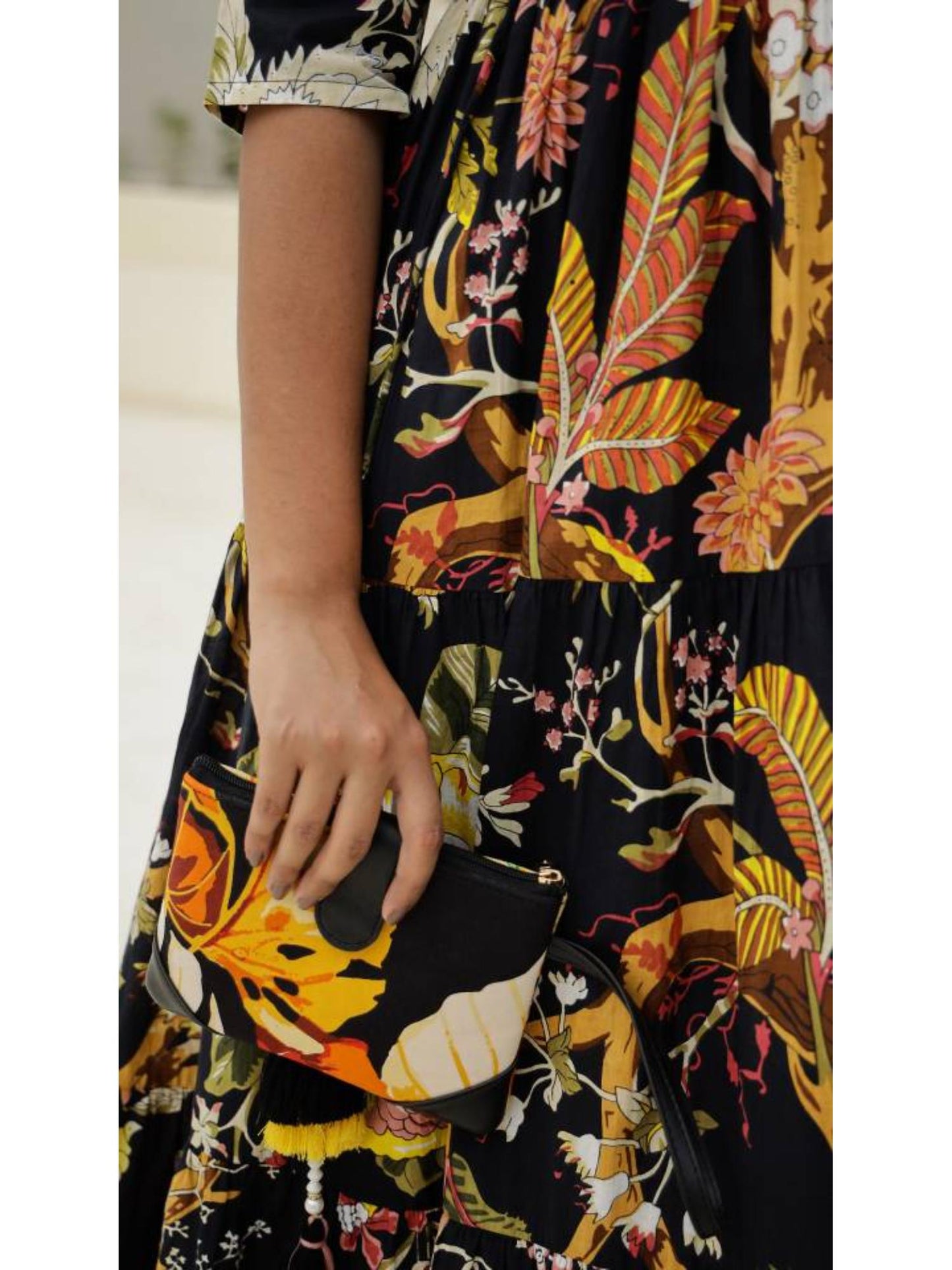 Women Printed Cotton Long Maxi Dress - Black