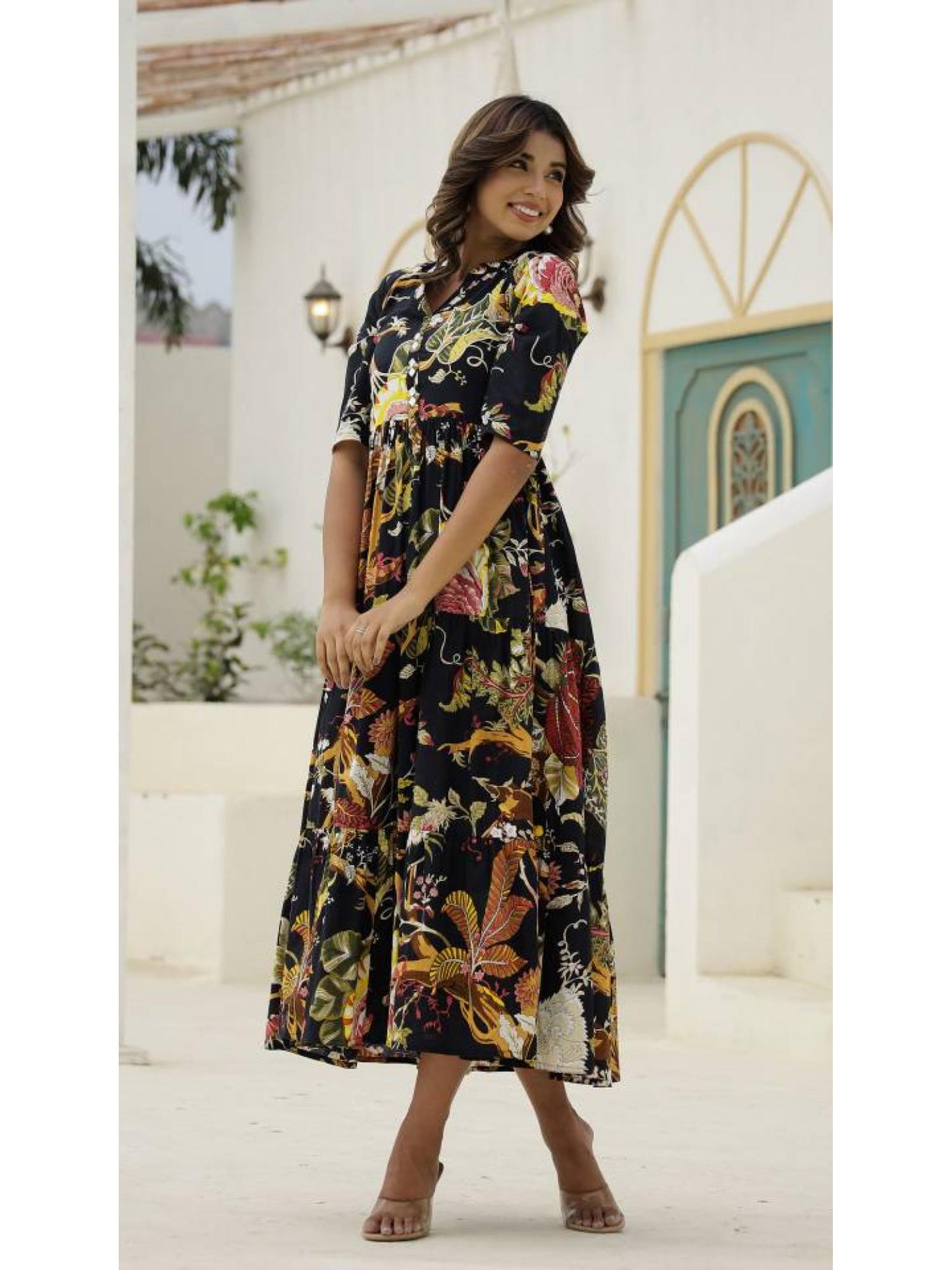 Women Printed Cotton Long Maxi Dress - Black