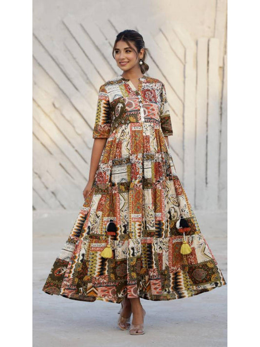 Women Printed Cotton Long Maxi Dress - Brown