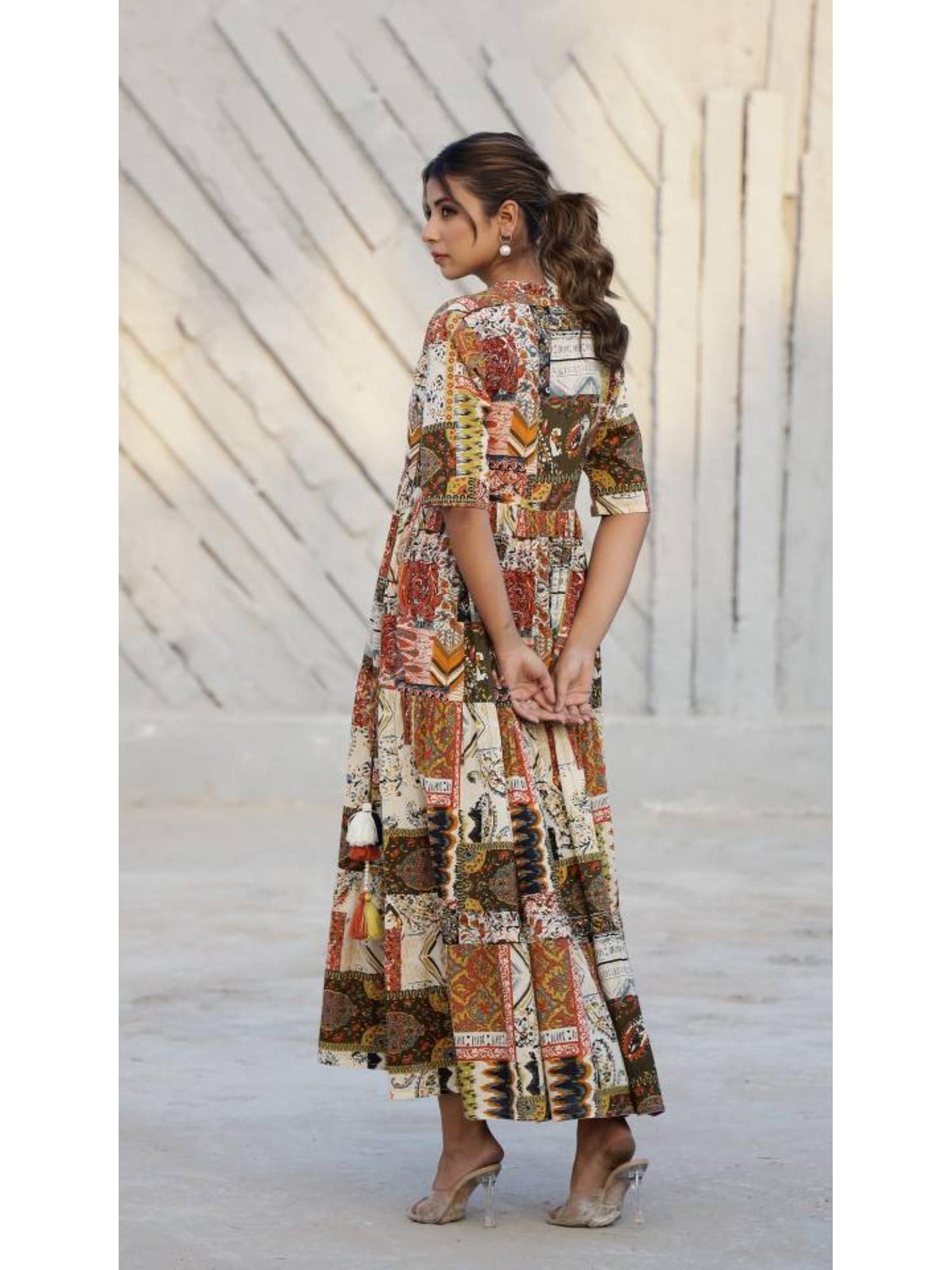 Women Printed Cotton Long Maxi Dress - Brown