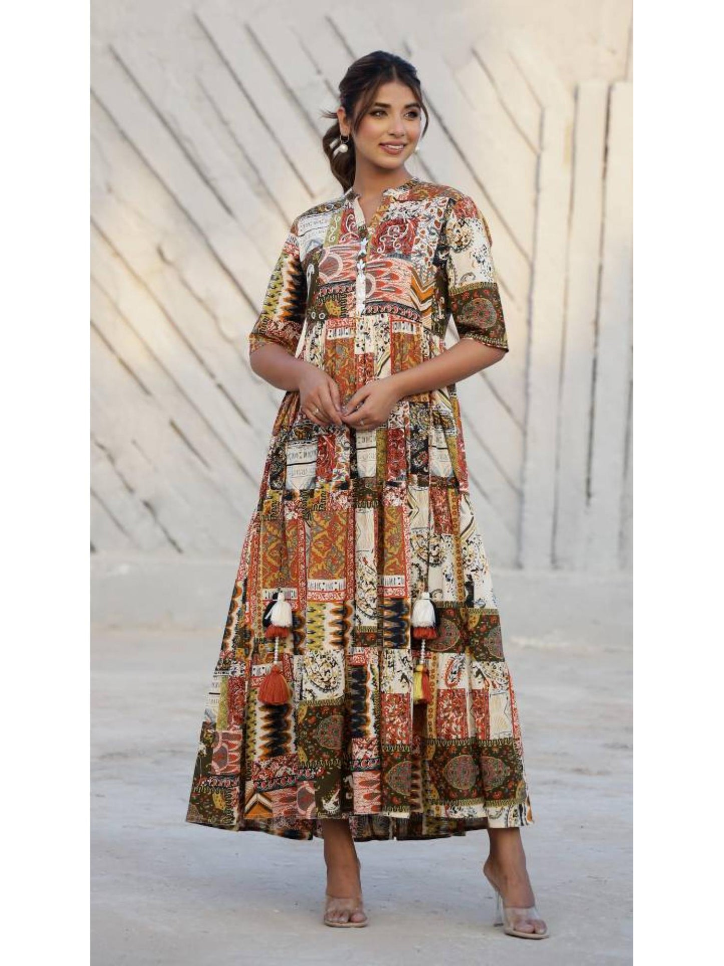 Women Printed Cotton Long Maxi Dress - Brown