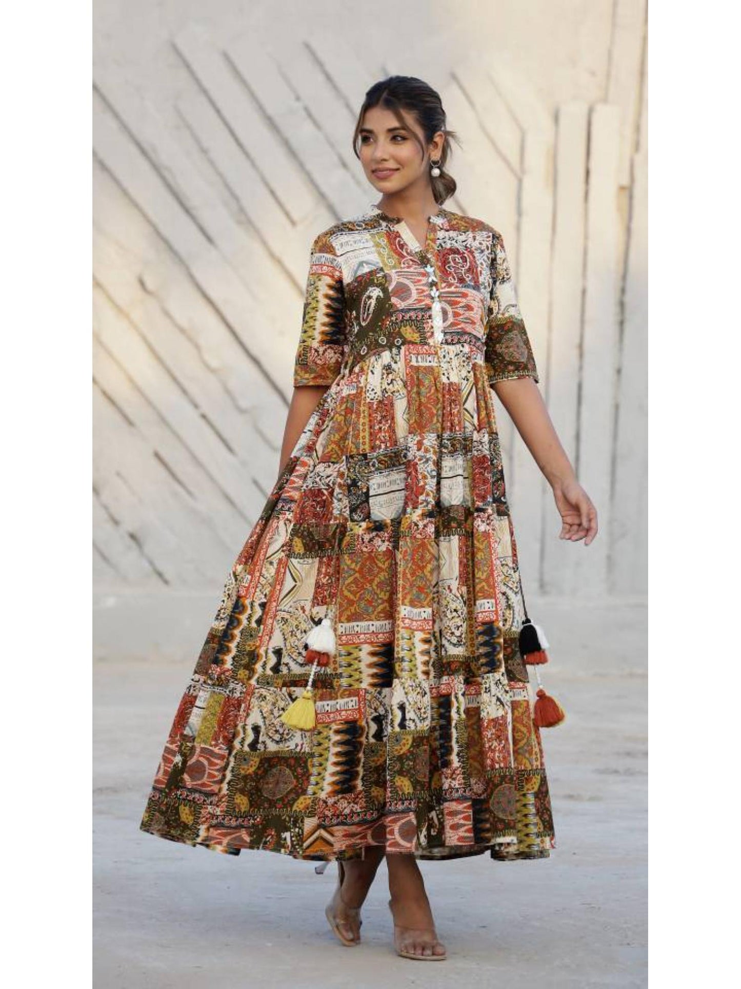 Women Printed Cotton Long Maxi Dress - Brown