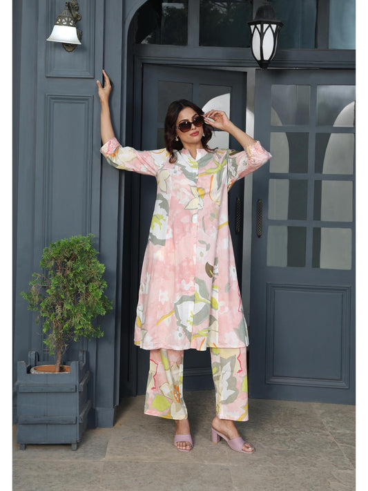 Women Floral Cotton Co-Ord Set - Pink