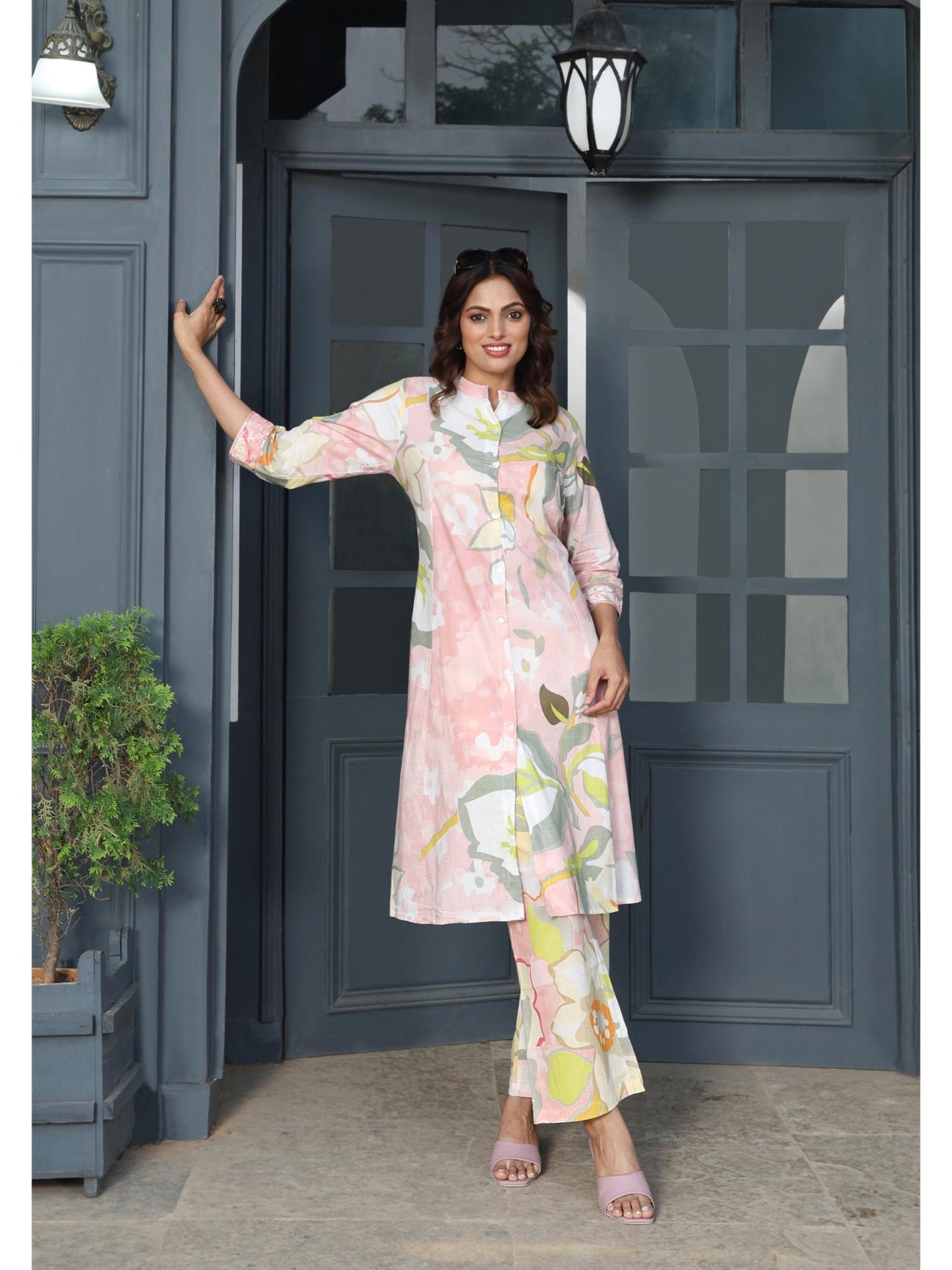 Women Floral Cotton Co-Ord Set - Pink