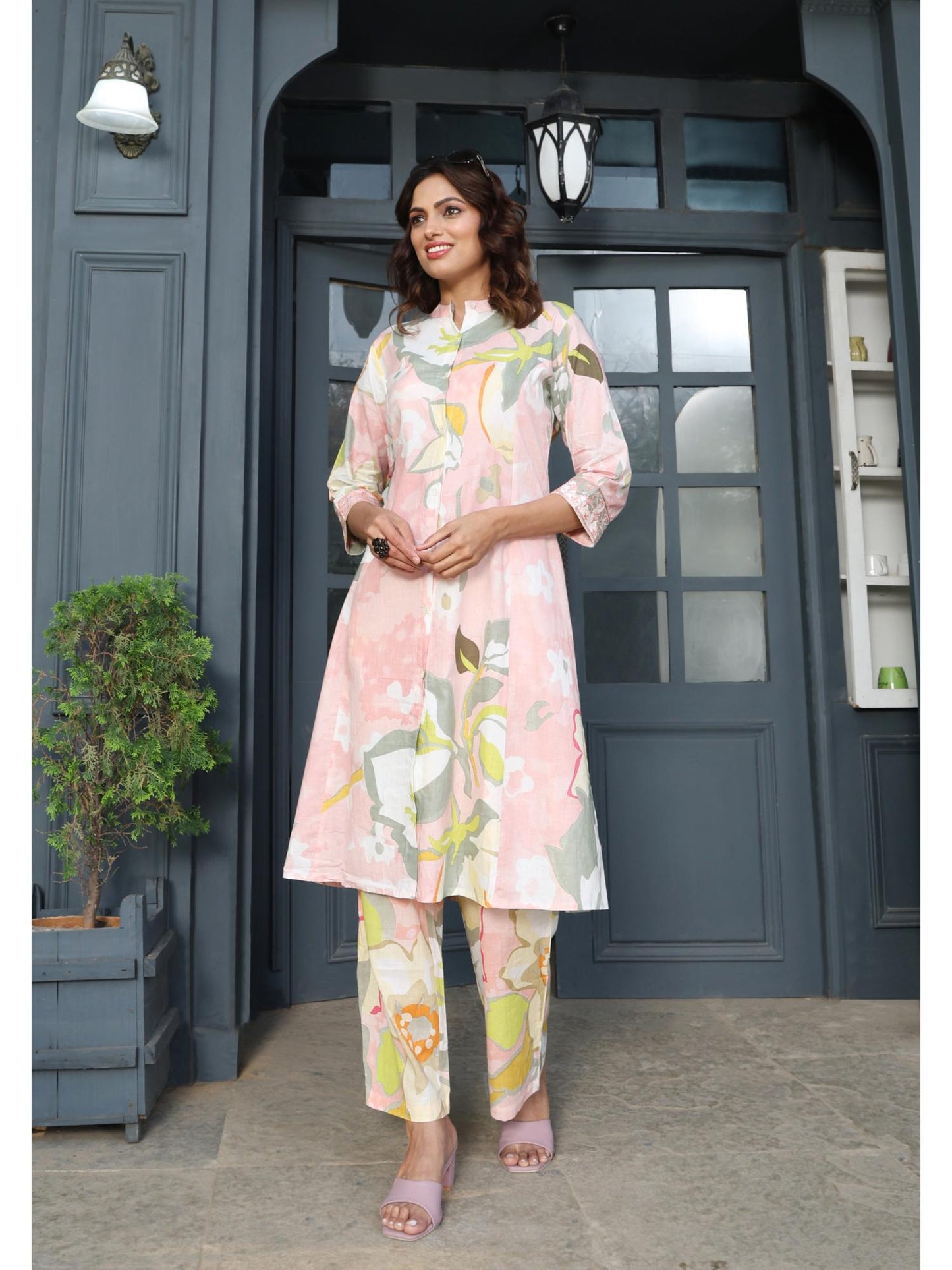 Women Floral Cotton Co-Ord Set - Pink