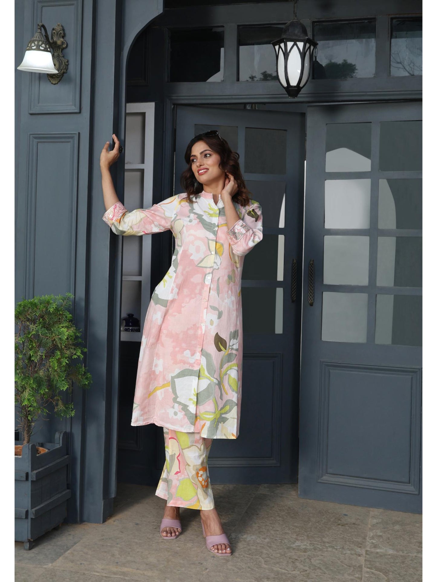 Women Floral Cotton Co-Ord Set - Pink