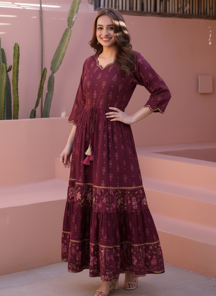 Viscose Floral Anarkali Wine Dress