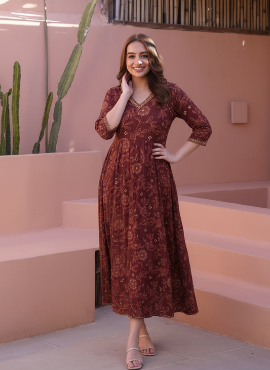 Soft Cotton Ikat Anarkali Maroon Dress