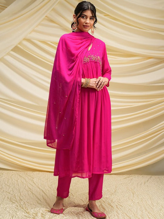 Vishudh Pink Floral Embroidered Beads and Stones Kurta with Palazzos & With Dupatta