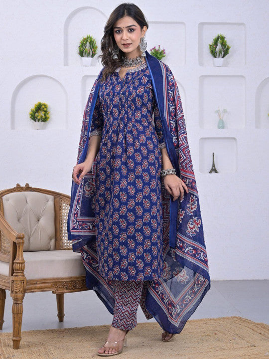 Advya Ethnic Motifs Printed Notch Neck Pure Cotton Straight Kurta With Trousers & Dupatta