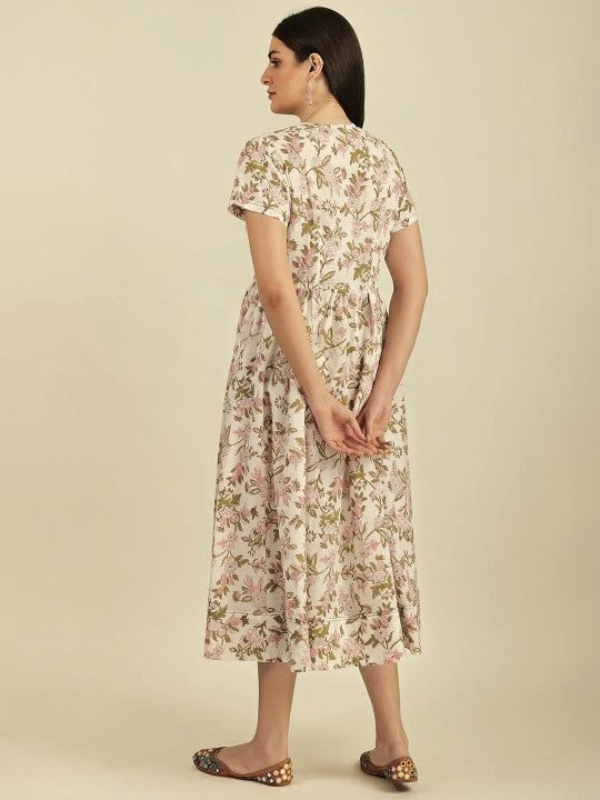 Exotic India Hand Printed Midi Fit & Flare Ethnic Dress