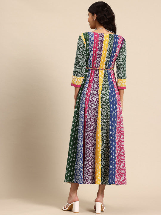 anayna Floral Printed A-Line Maxi Ethnic Dress With Belt