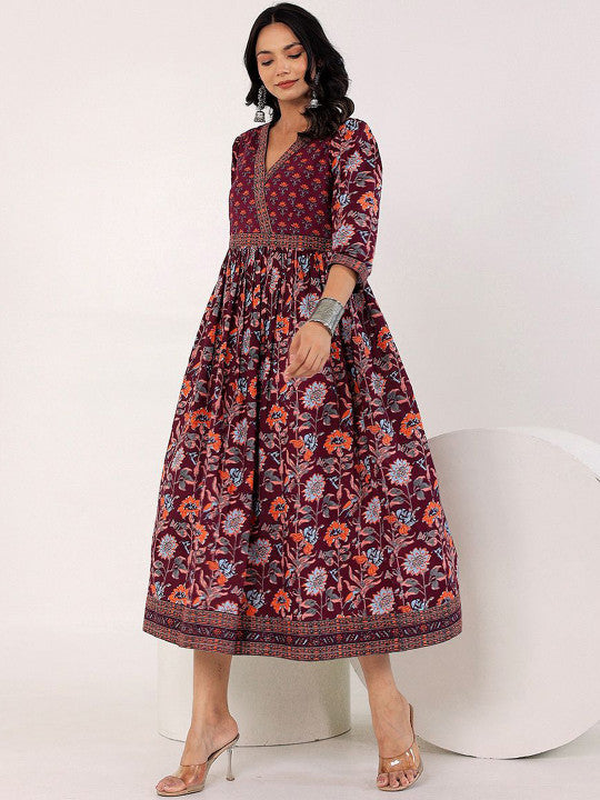 GULAB CHAND TRENDS Floral Cotton Fit & Flare Midi Ethnic Dress