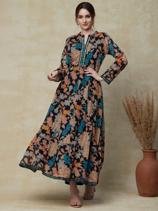 FASHOR Navy Blue Floral Printed Embroidered Cotton Tie-Up Maxi Ethnic Dress