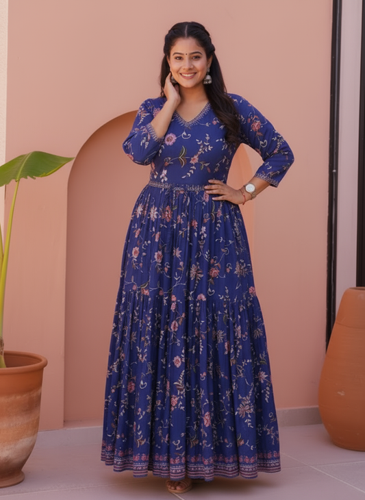 Viscose Floral Anarkali Blue Dress