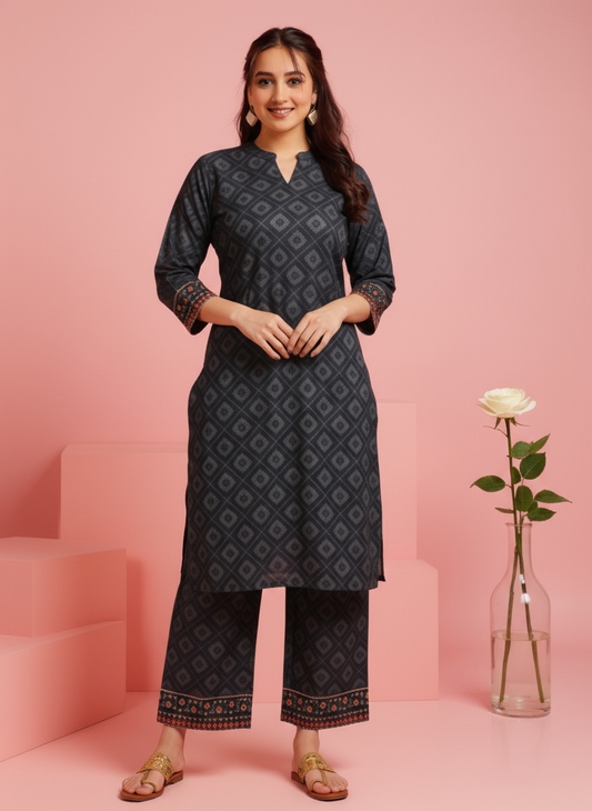 Soft Cotton Floral Straight Black Kurta