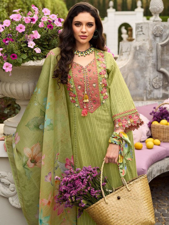 Indo Era Women Floral Embroidered Regular Thread Work Cotton Kurta with Trousers & Dupatta
