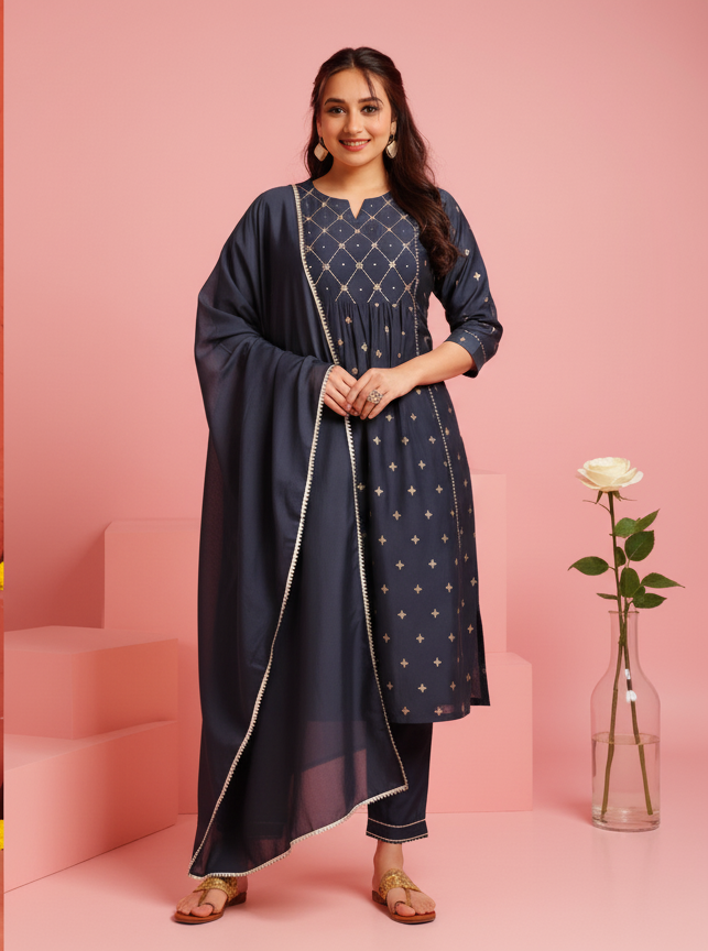 Embroidered Silk Blend Gold foil Flared Blue Kurta