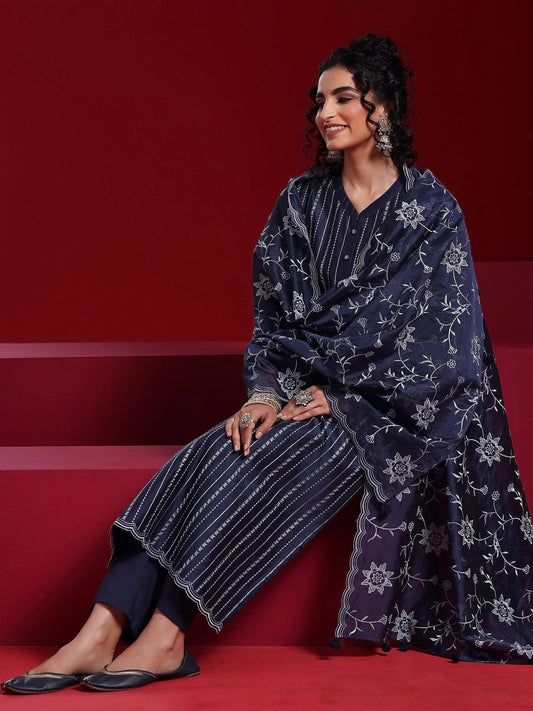 Blue Striped Embroidered Straight Kurta with Trouser & Dupatta (Set of 3)