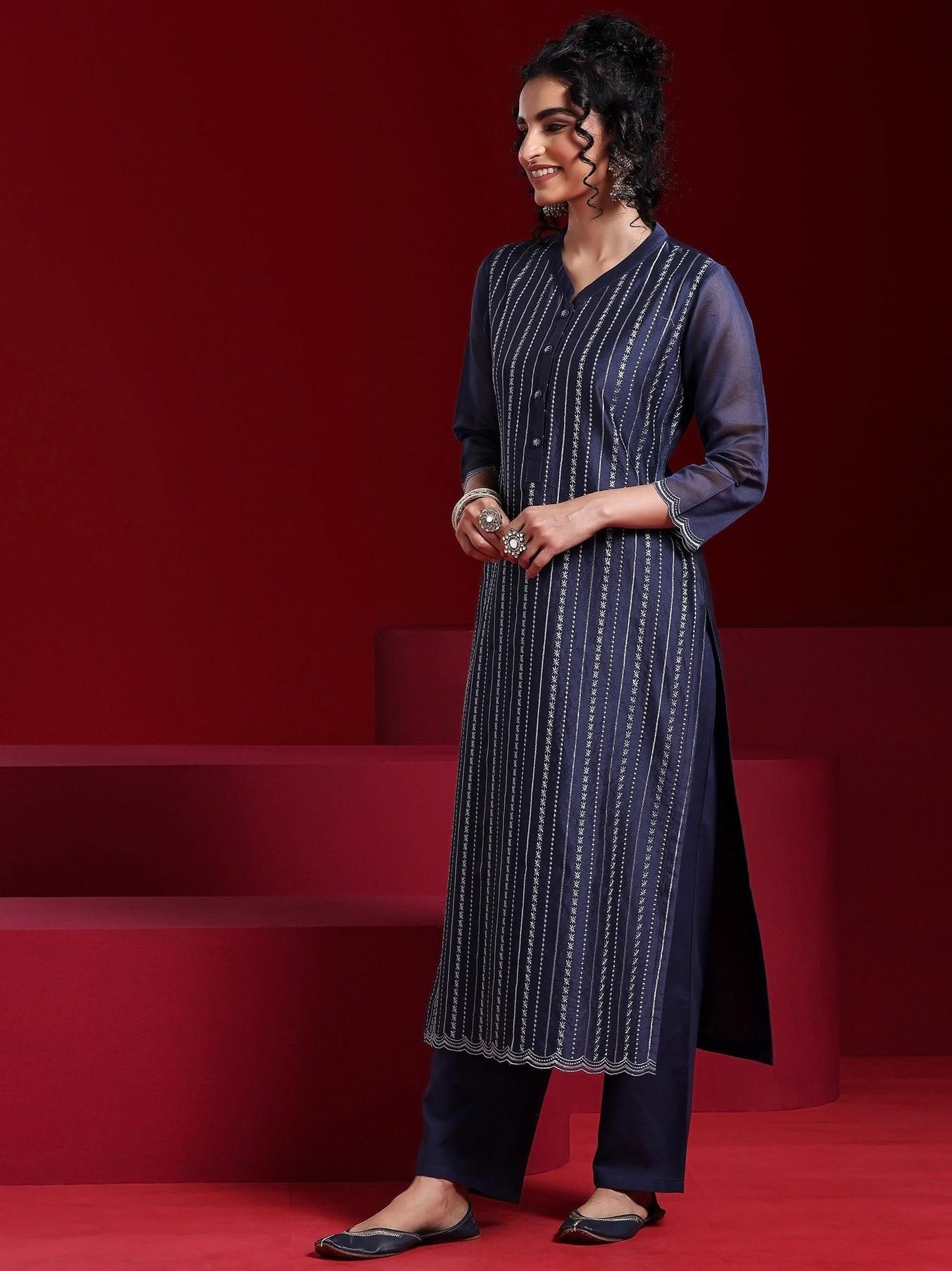 Blue Striped Embroidered Straight Kurta with Trouser & Dupatta (Set of 3)