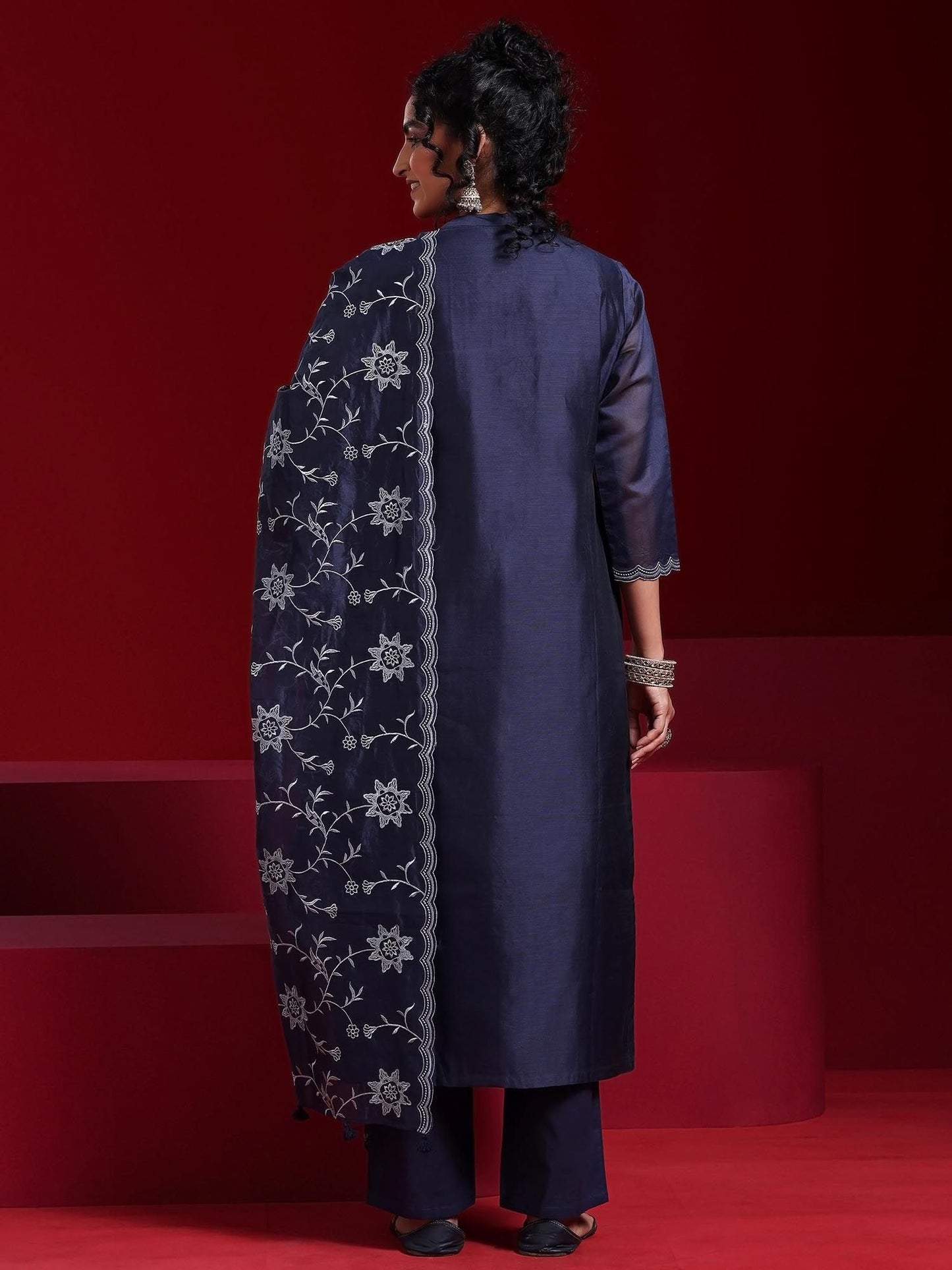 Blue Striped Embroidered Straight Kurta with Trouser & Dupatta (Set of 3)