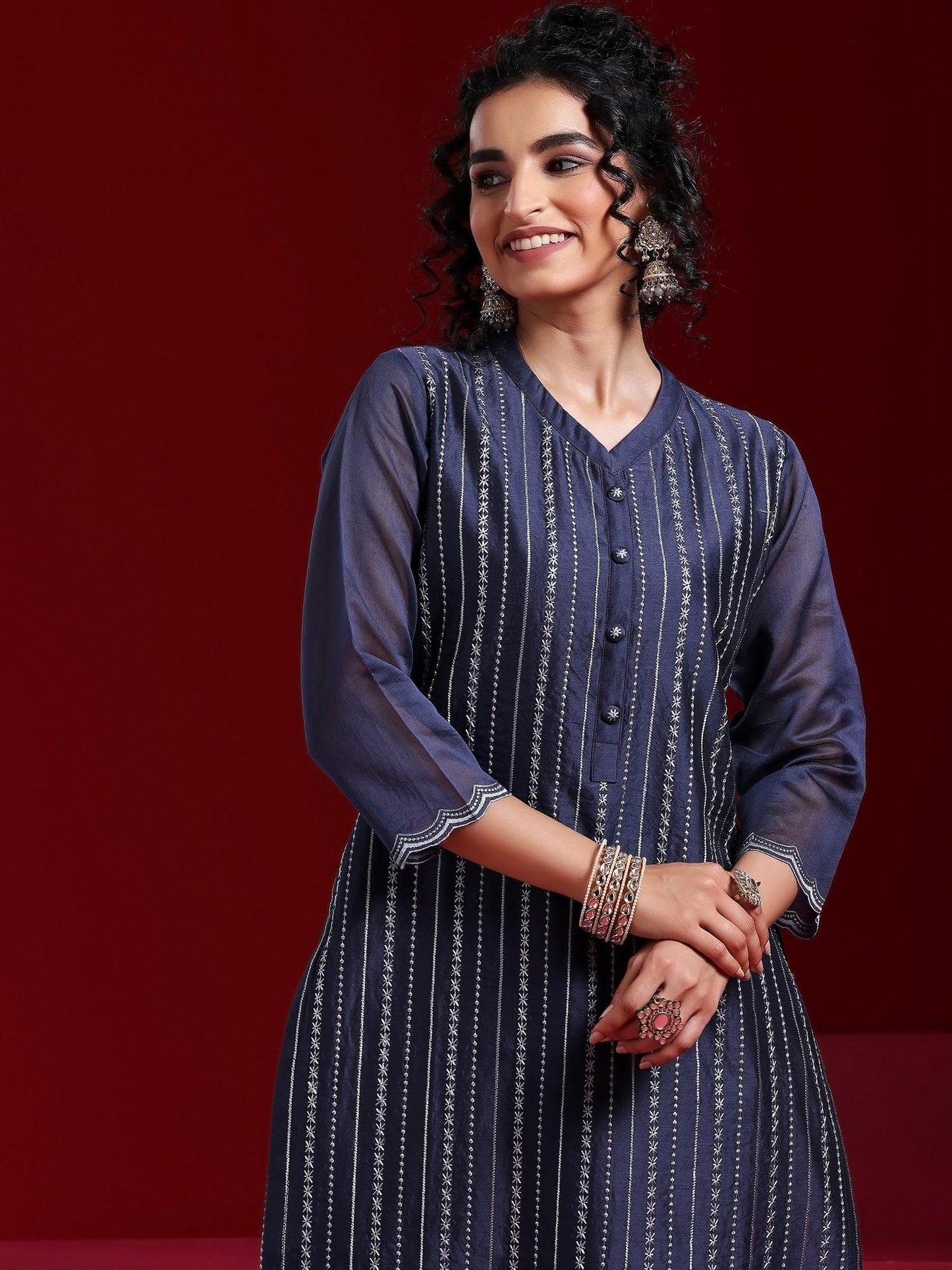 Blue Striped Embroidered Straight Kurta with Trouser & Dupatta (Set of 3)