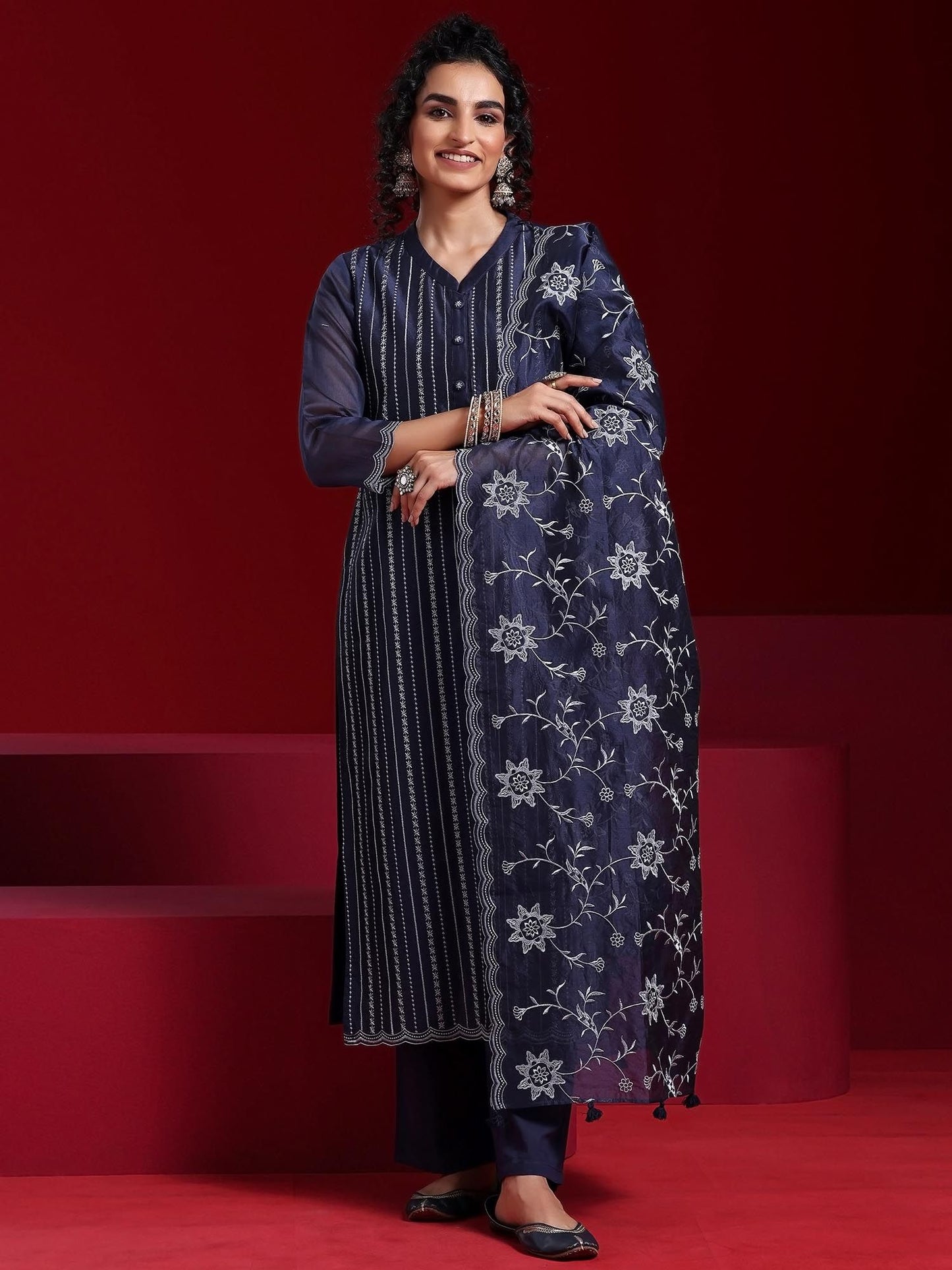 Blue Striped Embroidered Straight Kurta with Trouser & Dupatta (Set of 3)