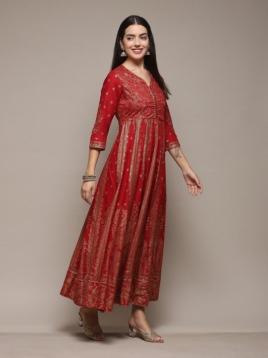 Biba Ethnic Motifs Printed V-Neck Sequinned Detailed Fit & Flare Midi Ethnic Dress
