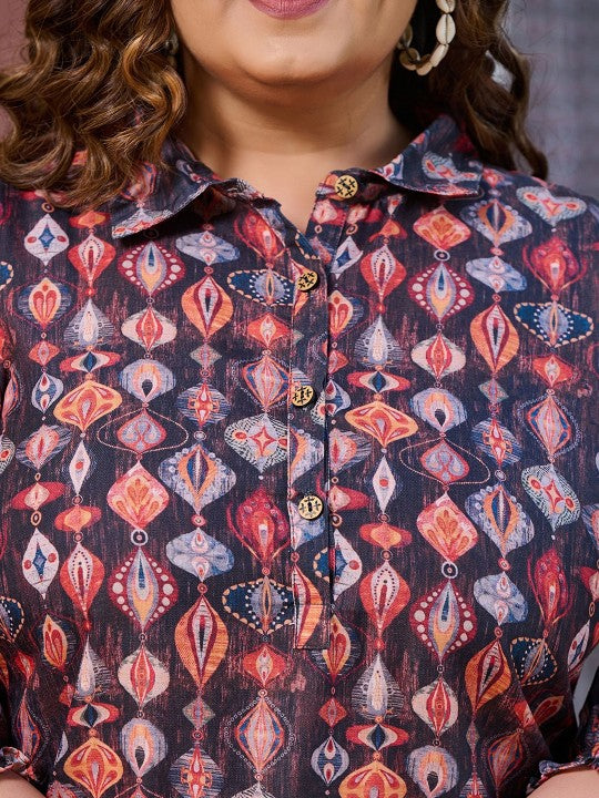 Printed Collar Neck Shirt with Mid-Rise Palazzo Co-Ords