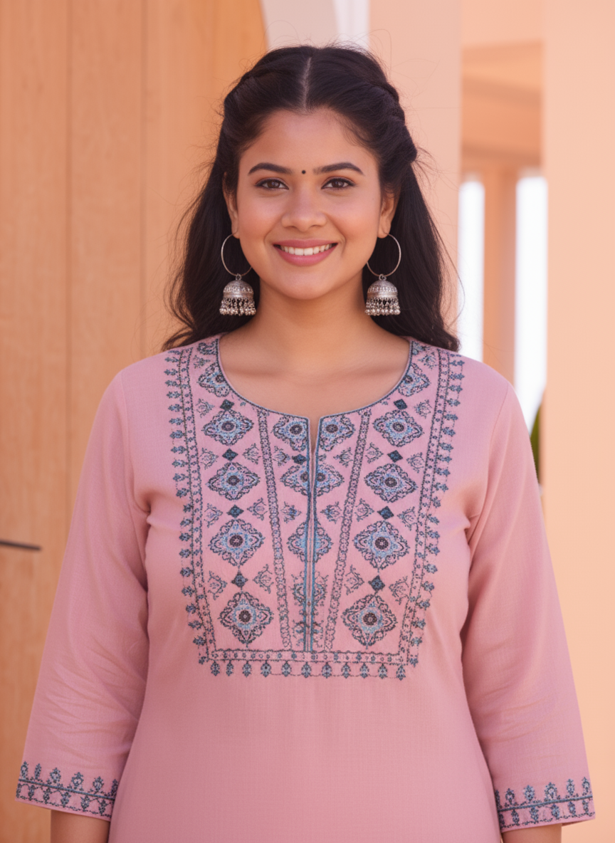 Embroidered Linen Cotton Solid Straight Peach Kurta