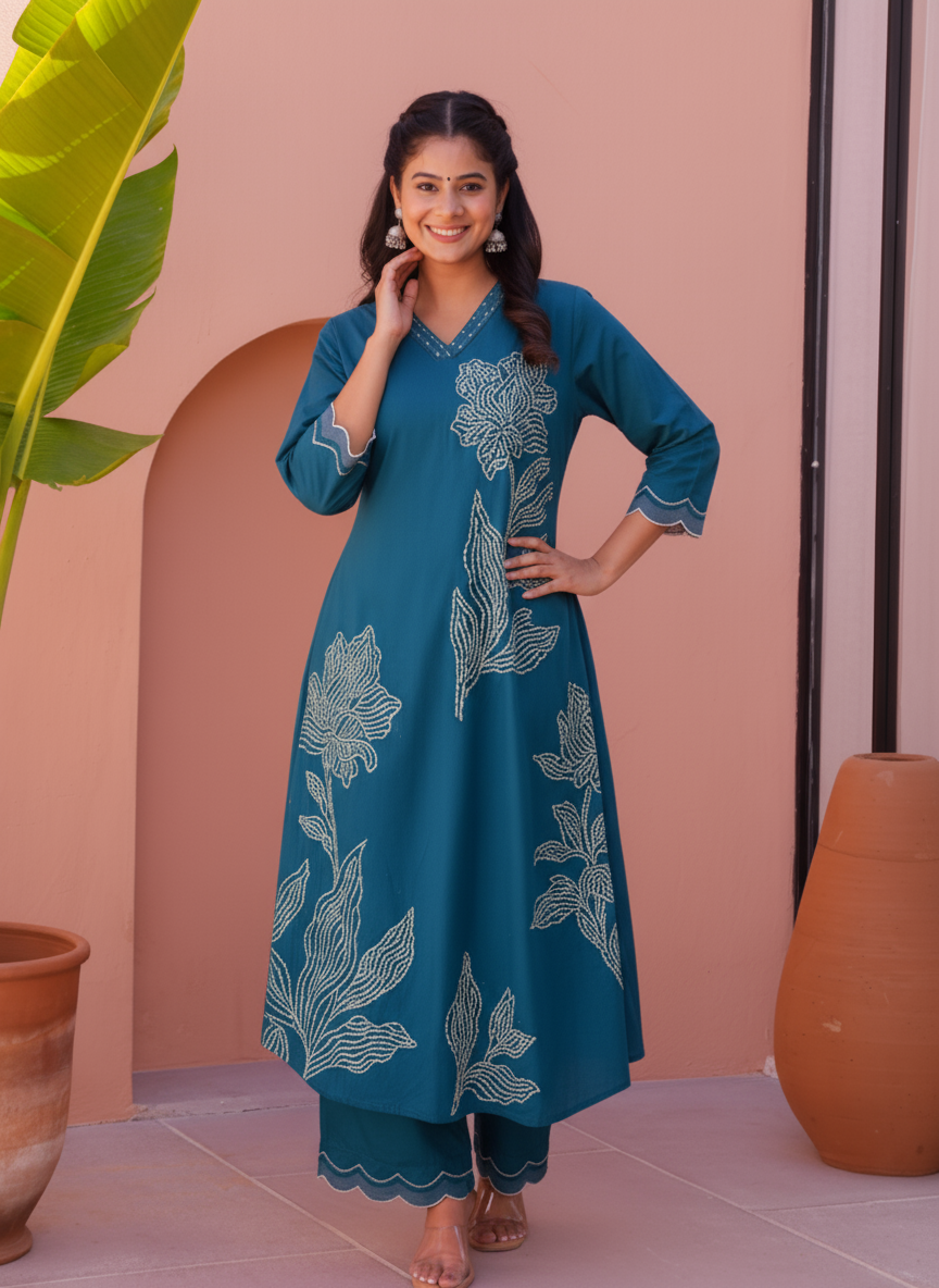 Embroidered Roman silk Placement Print A-line Teal Kurta