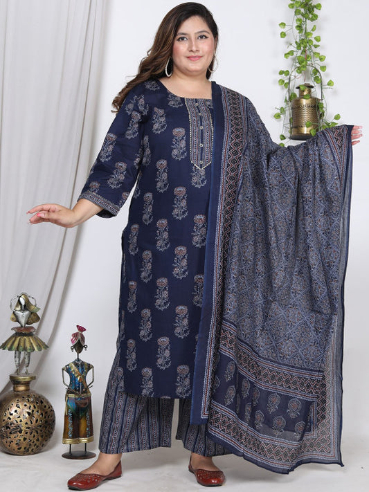 Swasti Plus Size Floral Printed Pure Cotton Kurta With Trousers & Dupatta