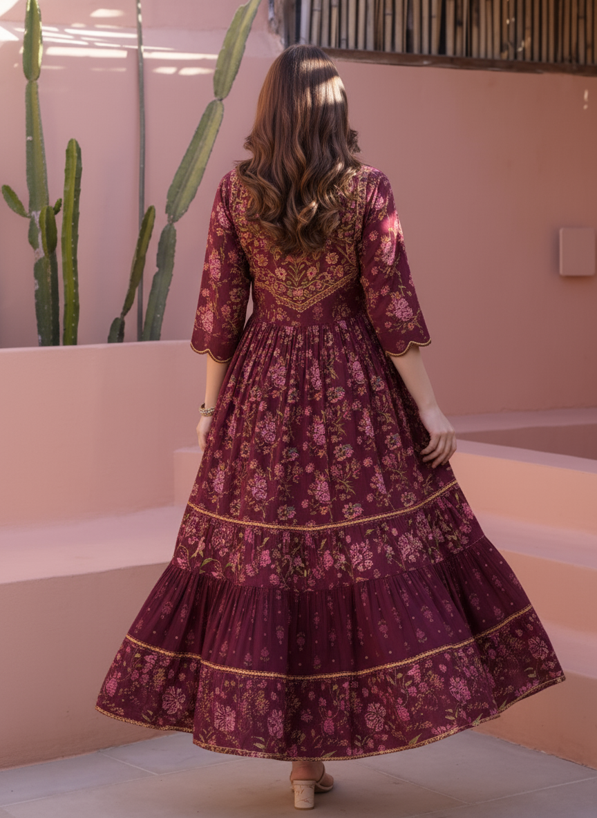 Viscose Floral Anarkali Wine Dress