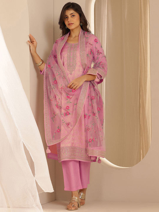 Floral Woven Design Zari Straight Kurta With Trousers And Dupatta