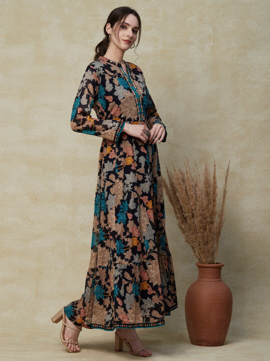 FASHOR Navy Blue Floral Printed Embroidered Cotton Tie-Up Maxi Ethnic Dress