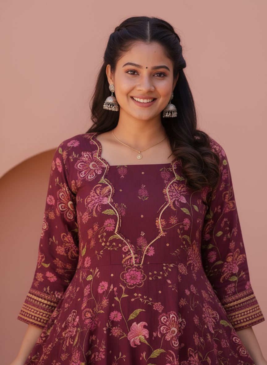 Viscose Floral Anarkali Wine Dress