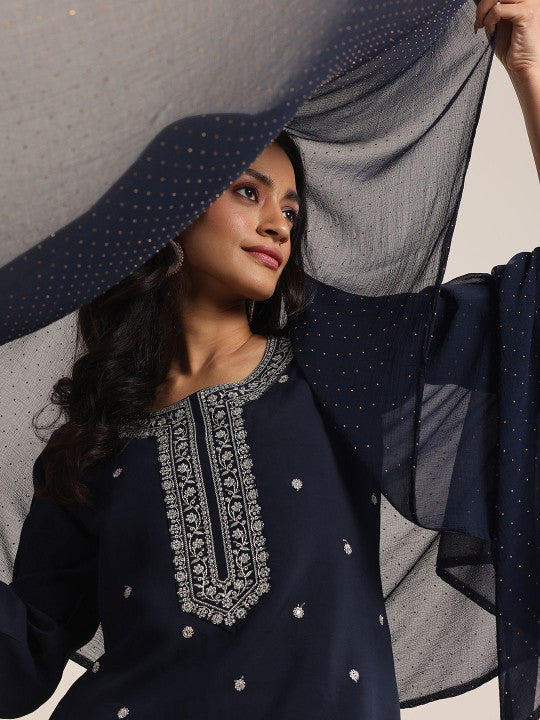 Gerua By Libas Floral Embroidered Round Neck Sequinned Straight Kurta