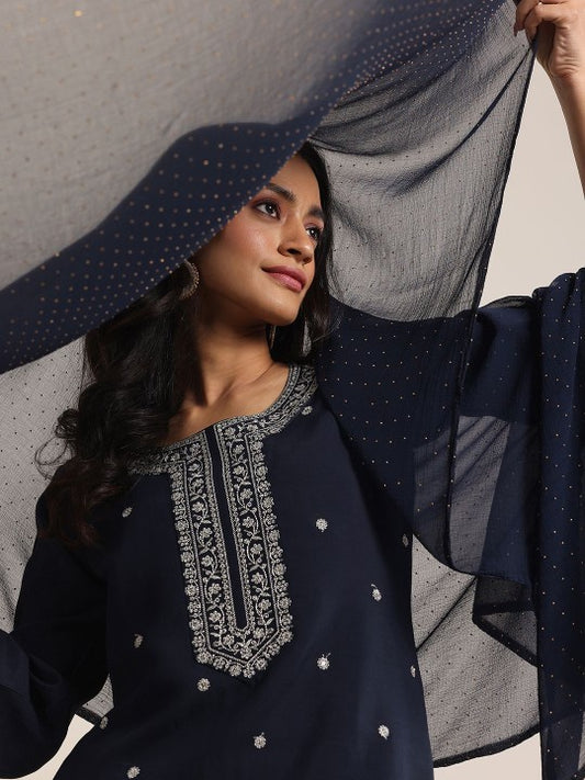 Gerua By Libas Floral Embroidered Round Neck Sequinned Straight Kurta