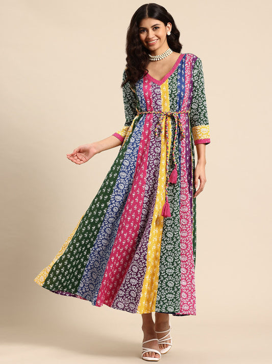 anayna Floral Printed A-Line Maxi Ethnic Dress With Belt