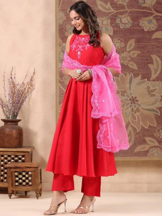 GILLORI Ethnic Motifs Embroidered Empire Art Silk Kurta With Trouser & Dupatta