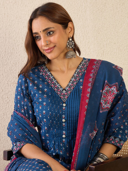 Indo Era Women Ethnic Motifs Printed Thread Work Kurta with Trousers & With Dupatta