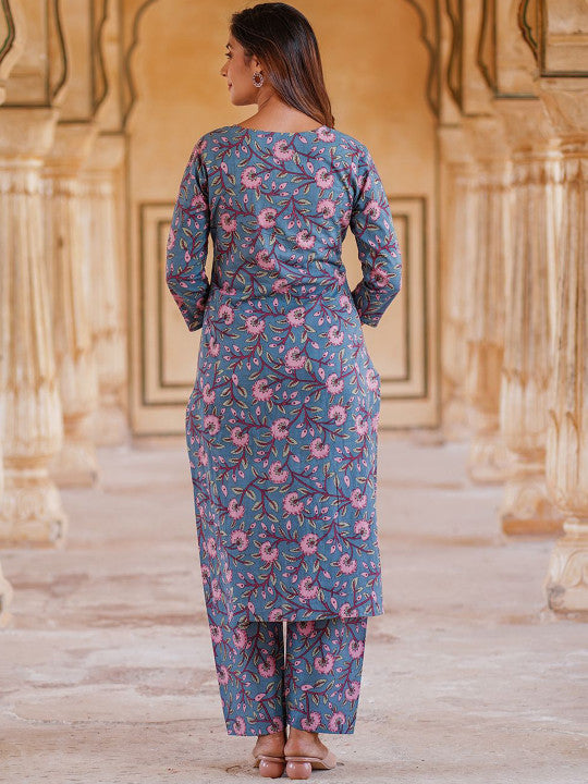 Jaitpuriya Floral Printed Keyhole Neck Pure Cotton Straight Kurta With Trousers & Dupatta