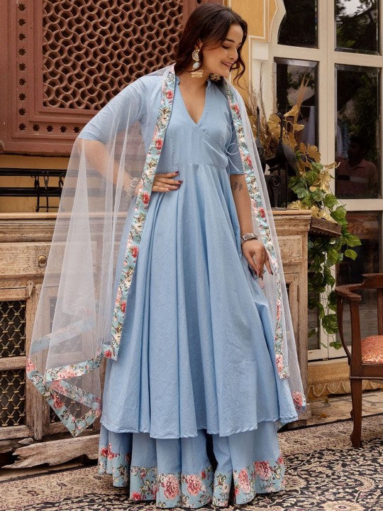 Mandarin Collar Pure Cotton Angrakha Kurta with Skirt And Dupatta