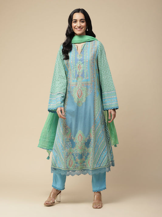 Blue Printed Kurta with Pant &amp; Dupatta (Set of 3)