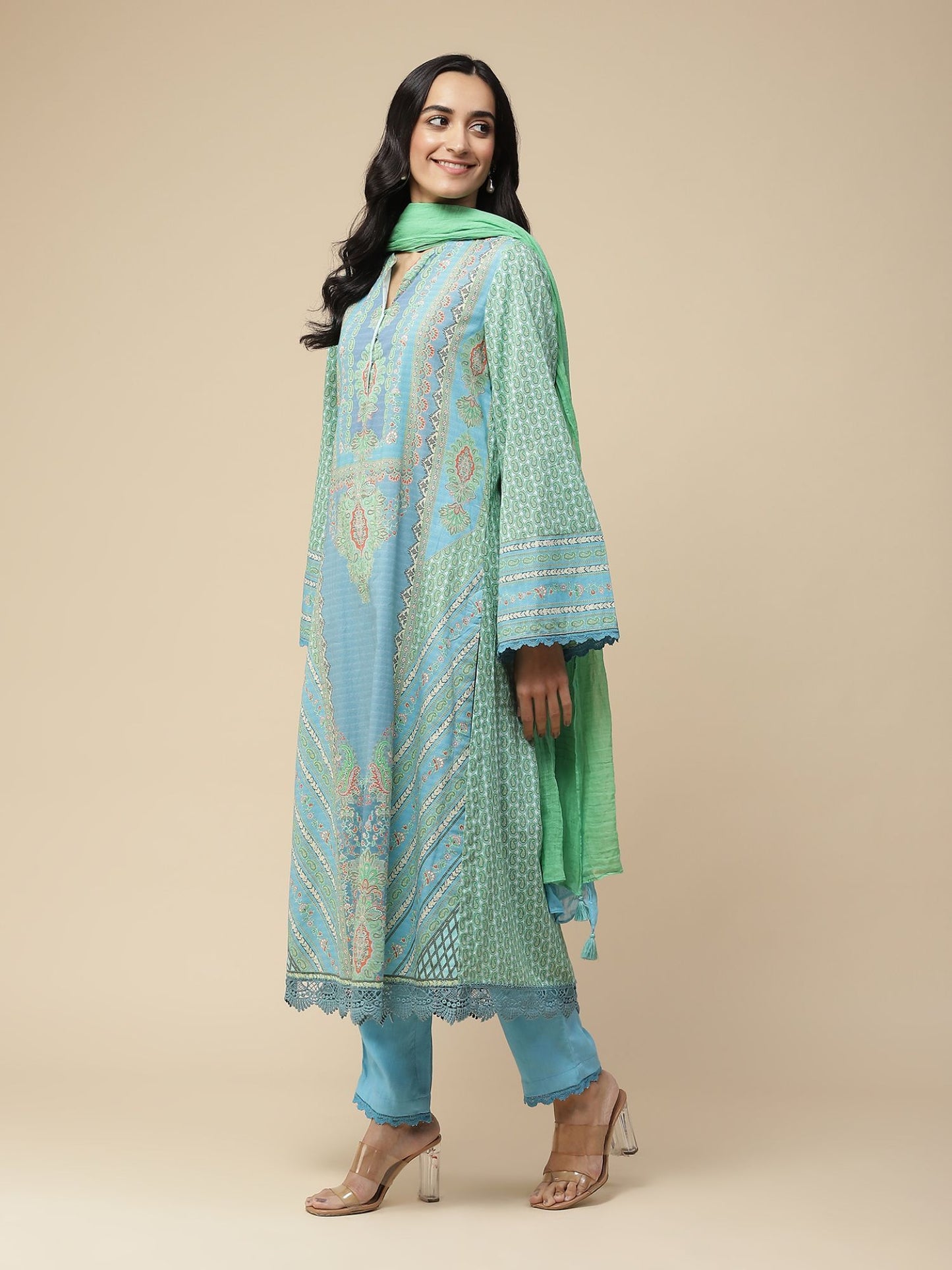 Blue Printed Kurta with Pant &amp; Dupatta (Set of 3)